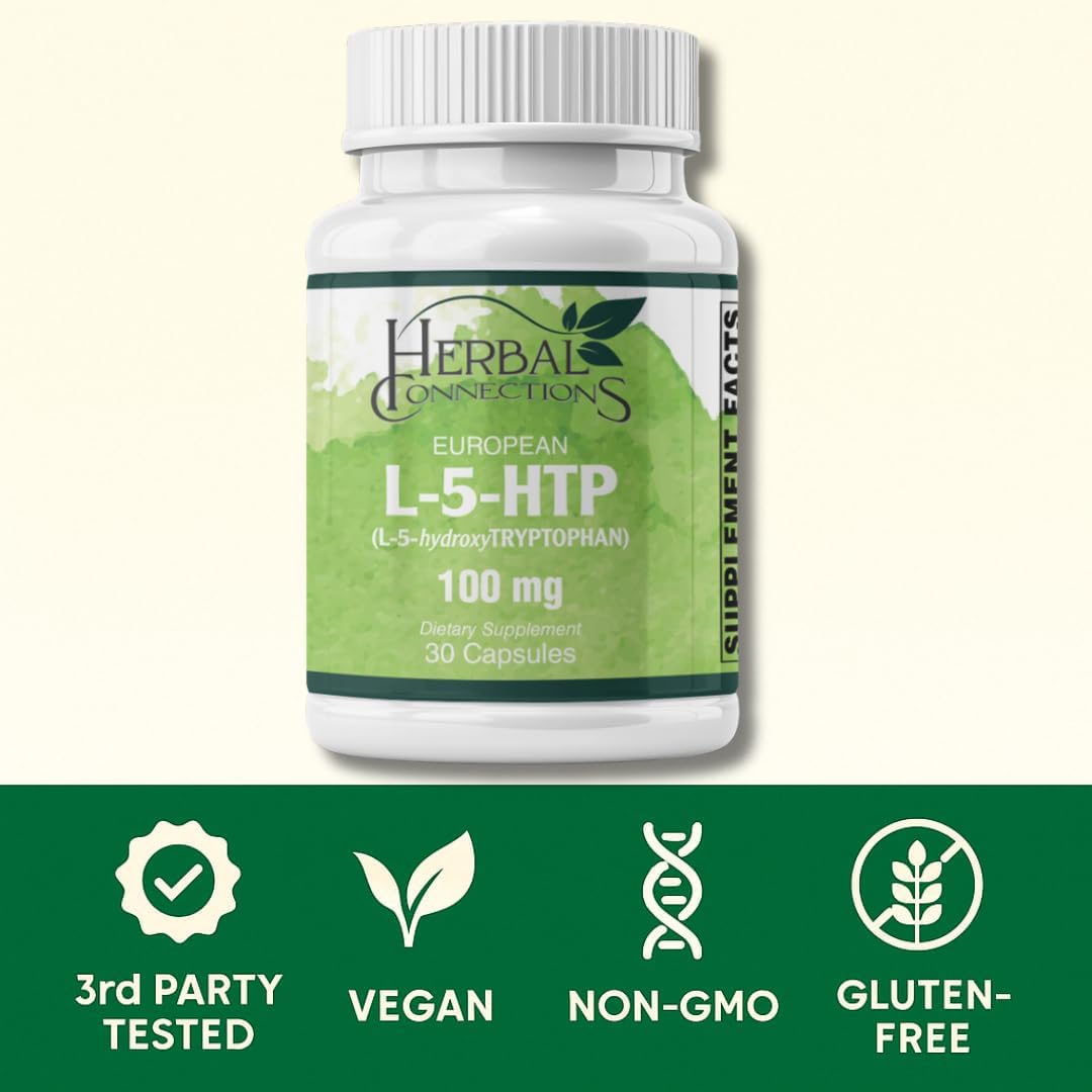 L-5-HTP 100mg Capsules with Vitamin B6 and C, Natural Serotonin Support, Vegan, Gluten Free, GMO Free, for Mood, Sleep and Appetite Support