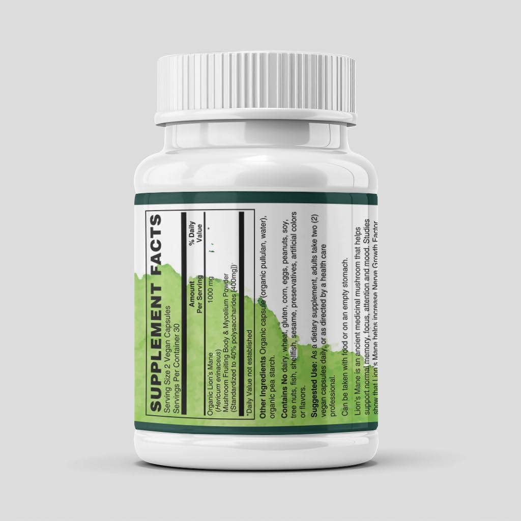 Organic Lion’s Mane Mushroom 1000 mg – Memory & Focus Nootropic, 40% Polysaccharides, Brain & Nerve Support, Vegan Non-GMO Capsules, USDA Organic, 60 Count