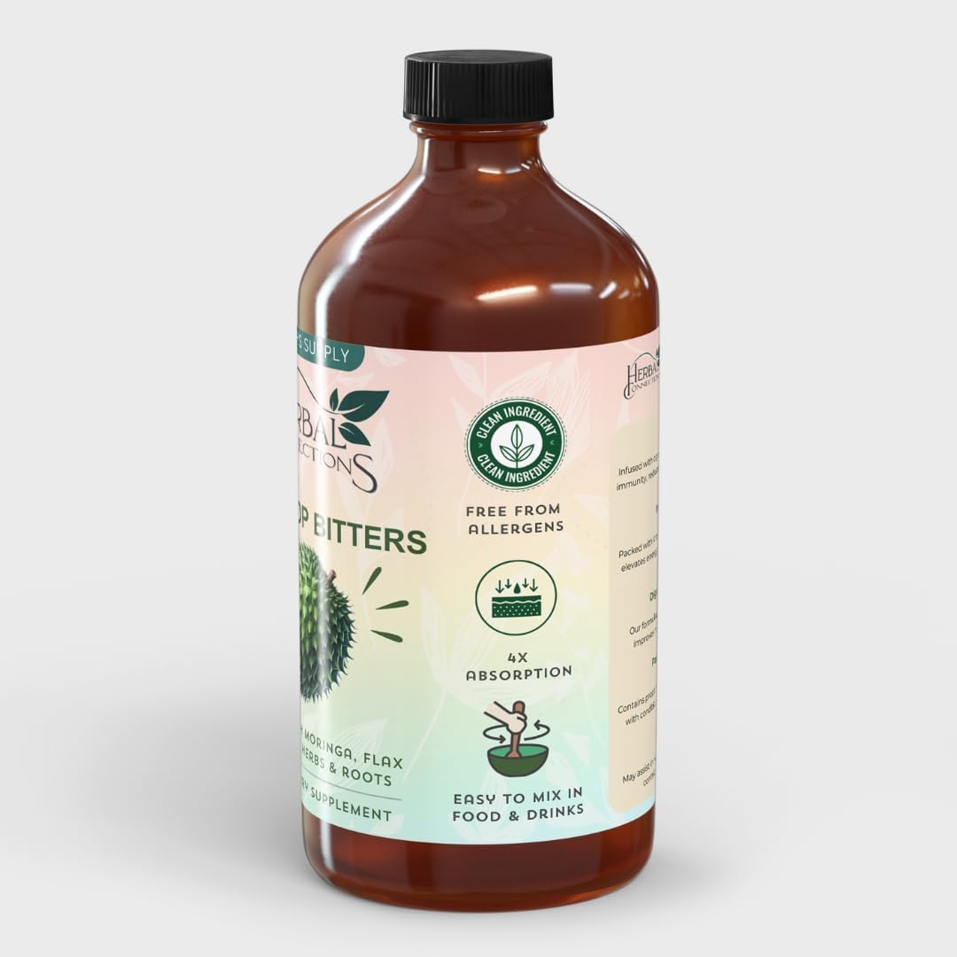 Organic Soursop Bitters 32 Ounces - 64 Servings - 20 Herb Formula with Soursop, Moringa, Sea Moss, Turmeric, Ginger & Cayenne