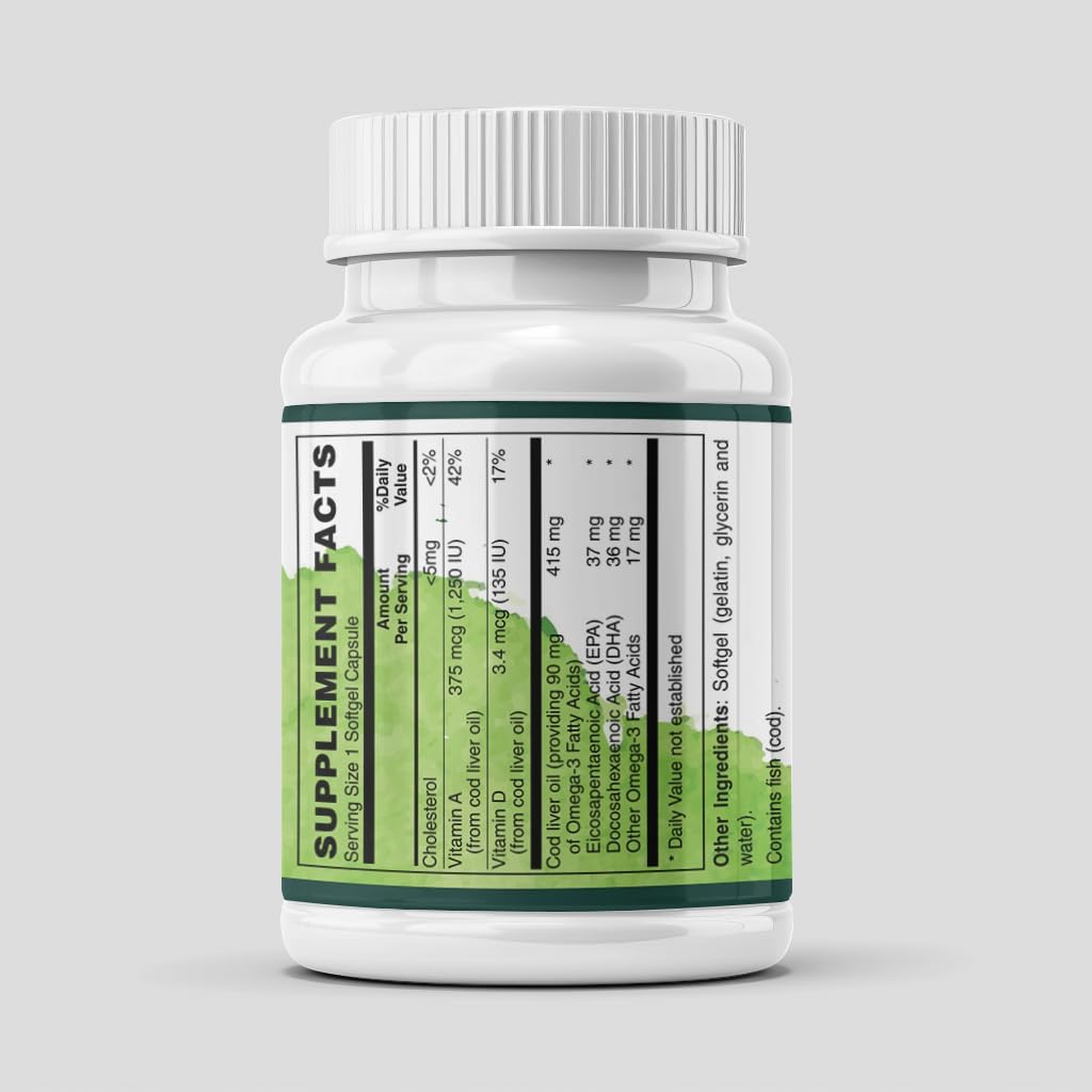 Cod Liver Oil Softgels with Vitamins A, D3, K2 & Beta-Carotene – 90 mg Omega-3 EPA + DHA for Heart, Brain, Vision & Bone Support, Icelandic Source, Non-GMO, 100 Count