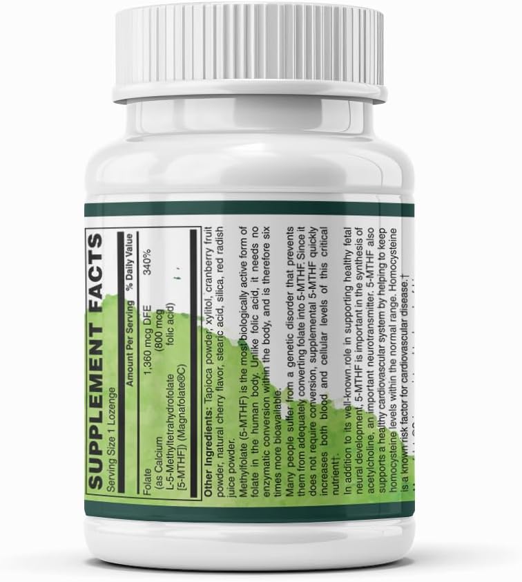 Methylfolate 800 mcg Sublingual Lozenges – Active L-5-MTHF for Homocysteine, Mood, Prenatal & Heart Support | Vegan, Non-GMO, Gluten-Free | 60 Fast-Dissolve Tablets