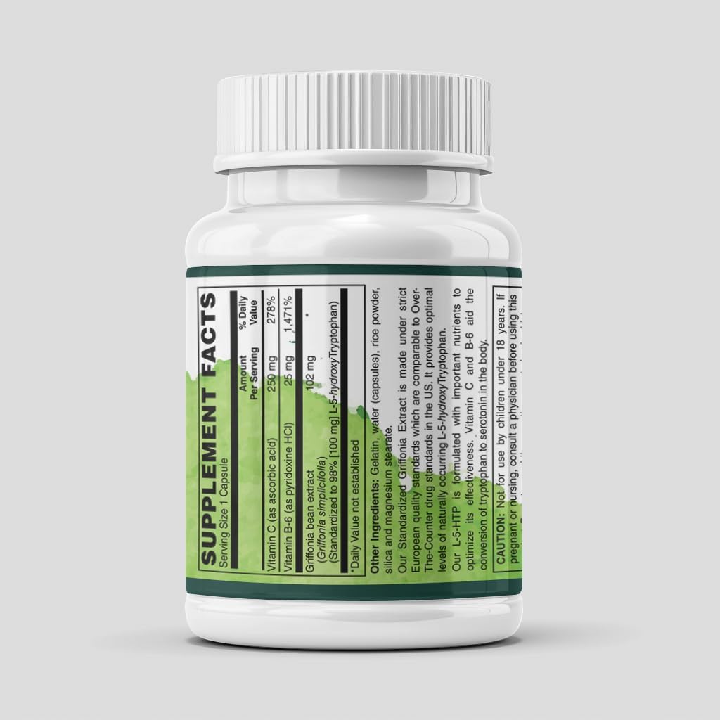 L-5-HTP 100mg Capsules with Vitamin B6 and C, Natural Serotonin Support, Vegan, Gluten Free, GMO Free, for Mood, Sleep and Appetite Support