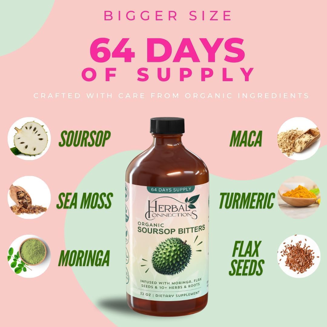 Organic Soursop Bitters 32 Ounces - 64 Servings - 20 Herb Formula with Soursop, Moringa, Sea Moss, Turmeric, Ginger & Cayenne