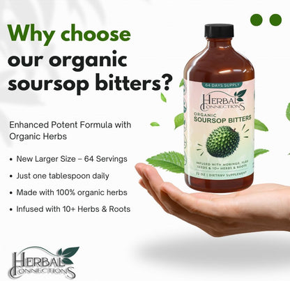 Organic Soursop Bitters 32 Ounces - 64 Servings - 20 Herb Formula with Soursop, Moringa, Sea Moss, Turmeric, Ginger & Cayenne